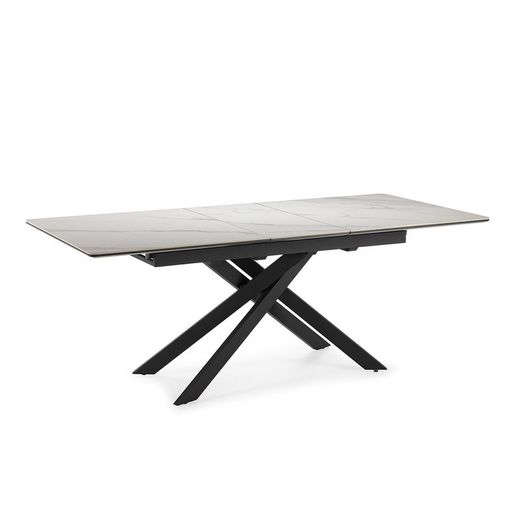 Tavolo da pranzo allungabile, 160-200 x 89,5 x 76 cm, in pietra sintetica e metallo bianco e nero | Collezione Belma