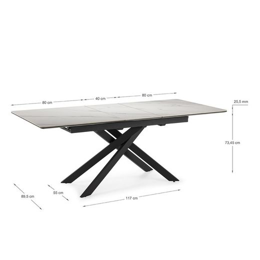 Tavolo da pranzo allungabile, 160-200 x 89,5 x 76 cm, in pietra sintetica e metallo bianco e nero | Collezione Belma