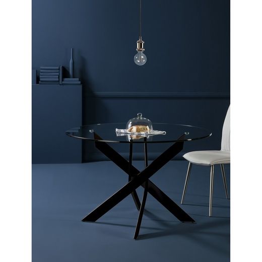 Mesa de comedor redonda, 120 x 120 x 76 cm, de cristal en transparente  y negro  | Colección Ruth