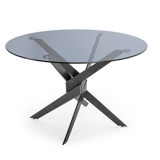 Tavolo da pranzo rotondo, 120 x 120 x 76 cm, in vetro temperato e metallo nero e grigio | Collezione Jenna