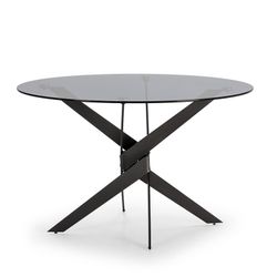 Tavolo da pranzo rotondo, 120 x 120 x 76 cm, in vetro temperato e metallo nero e grigio | Collezione Jenna