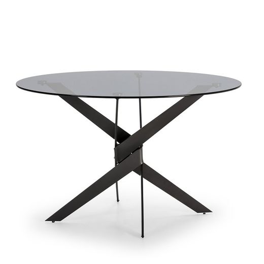 Tavolo da pranzo rotondo, 120 x 120 x 76 cm, in vetro temperato e metallo nero e grigio | Collezione Jenna