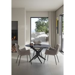 Tavolo da pranzo rotondo, 120 x 120 x 76 cm, in vetro temperato e metallo nero e grigio | Collezione Jenna