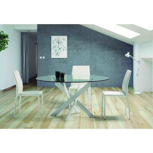 Tavolo da pranzo rotondo, 120 x 120 x 76 cm, in vetro temperato e metallo, trasparente e bianco | Collezione Ruth