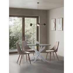 Tavolo da pranzo rotondo, 120 x 120 x 76 cm, in vetro temperato e metallo, trasparente e bianco | Collezione Ruth