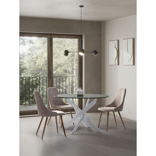 Tavolo da pranzo rotondo, 120 x 120 x 76 cm, in vetro temperato e metallo, trasparente e bianco | Collezione Ruth