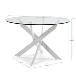 Tavolo da pranzo rotondo, 120 x 120 x 76 cm, in vetro temperato e metallo, trasparente e bianco | Collezione Ruth