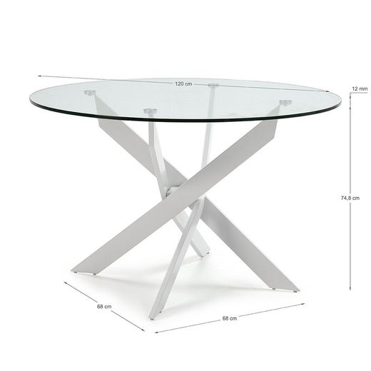 Tavolo da pranzo rotondo, 120 x 120 x 76 cm, in vetro temperato e metallo, trasparente e bianco | Collezione Ruth