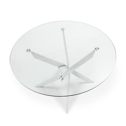 Tavolo da pranzo rotondo, 120 x 120 x 76 cm, in vetro temperato e metallo, trasparente e bianco | Collezione Ruth