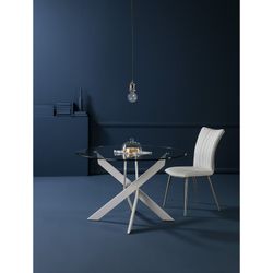 Tavolo da pranzo rotondo, 120 x 120 x 76 cm, in vetro temperato e metallo, trasparente e bianco | Collezione Ruth