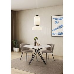Tavolo da pranzo rotondo, 120 x 120 x 76 cm, in pietra sintetica e metallo bianco e nero | Collezione Aina