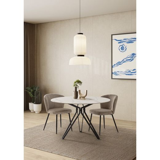Tavolo da pranzo rotondo, 120 x 120 x 76 cm, in pietra sintetica e metallo bianco e nero | Collezione Aina