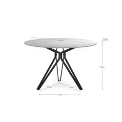 Tavolo da pranzo rotondo, 120 x 120 x 76 cm, in pietra sintetica e metallo bianco e nero | Collezione Aina