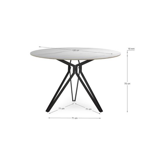Tavolo da pranzo rotondo, 120 x 120 x 76 cm, in pietra sintetica e metallo bianco e nero | Collezione Aina