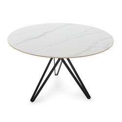 Tavolo da pranzo rotondo, 120 x 120 x 76 cm, in pietra sintetica e metallo bianco e nero | Collezione Aina