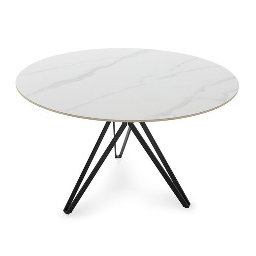 Tavolo da pranzo rotondo, 120 x 120 x 76 cm, in pietra sintetica e metallo bianco e nero | Collezione Aina