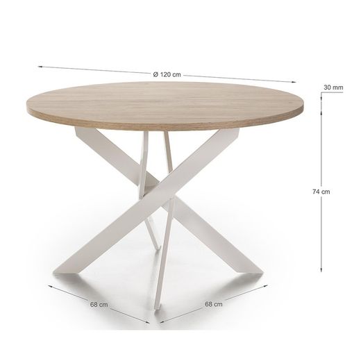 Tavolo da pranzo rotondo, 120 x 120 x 77 cm, in legno e metallo naturale e bianco | Collezione Ther
