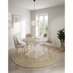 Tavolo da pranzo rotondo, 120 x 120 x 77 cm, in legno e metallo naturale e bianco | Collezione Ther