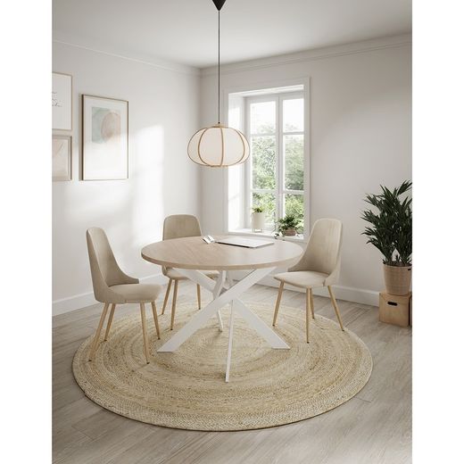 Tavolo da pranzo rotondo, 120 x 120 x 77 cm, in legno e metallo naturale e bianco | Collezione Ther
