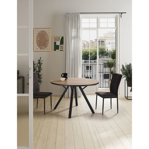 Mesa de comedor redonda, 120 x 120 x 77 cm, de madera y metal en natural y negro | Colección Beni