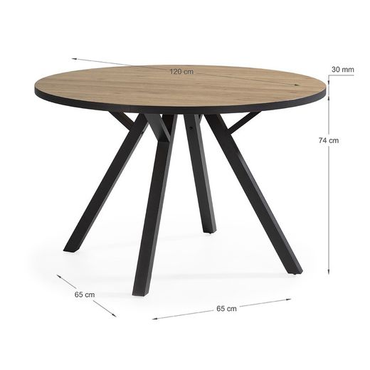 Mesa de comedor redonda, 120 x 120 x 77 cm, de madera y metal en natural y negro | Colección Beni