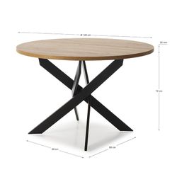 Mesa de comedor redonda, 120 x 120 x 77 cm, de madera y metal en natural y negro | Colección Ther