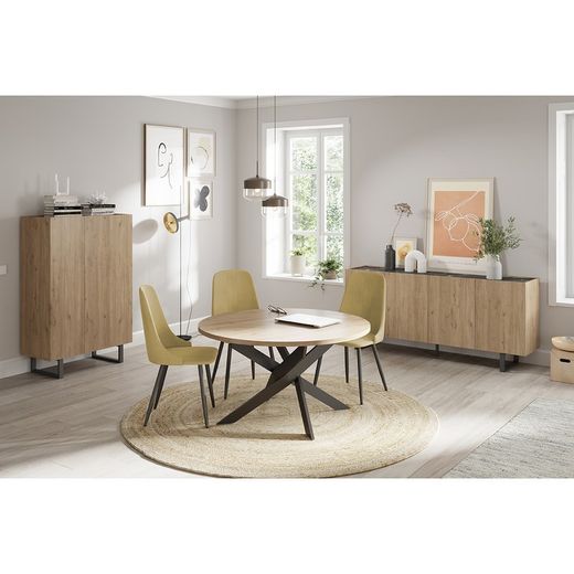 Mesa de comedor redonda, 120 x 120 x 77 cm, de madera y metal en natural y negro | Colección Ther