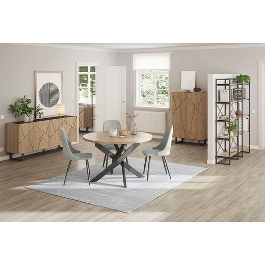 Mesa de comedor redonda, 120 x 120 x 77 cm, de madera y metal en natural y negro | Colección Ther