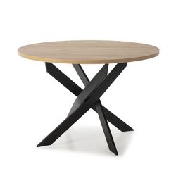 Mesa de comedor redonda, 120 x 120 x 77 cm, de madera y metal en natural y negro | Colección Ther