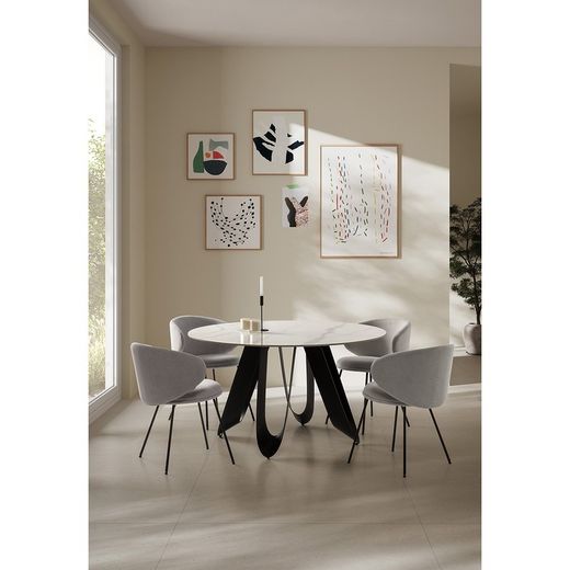 Tavolo da pranzo rotondo, 135 x 135 x 76 cm, in pietra sintetica e metallo bianco e nero | Collezione Aila