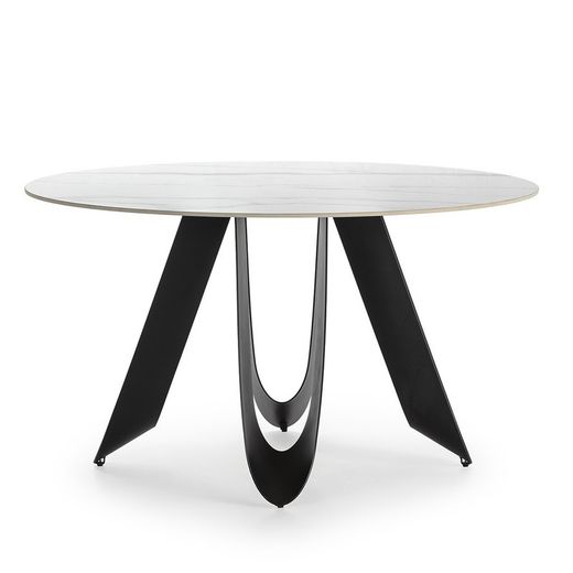 Tavolo da pranzo rotondo, 135 x 135 x 76 cm, in pietra sintetica e metallo bianco e nero | Collezione Aila