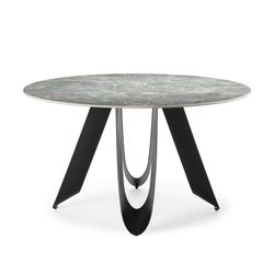 Tavolo da pranzo rotondo, 135 x 135 x 76 cm, in pietra sintetica e metallo verde | Collezione Aila