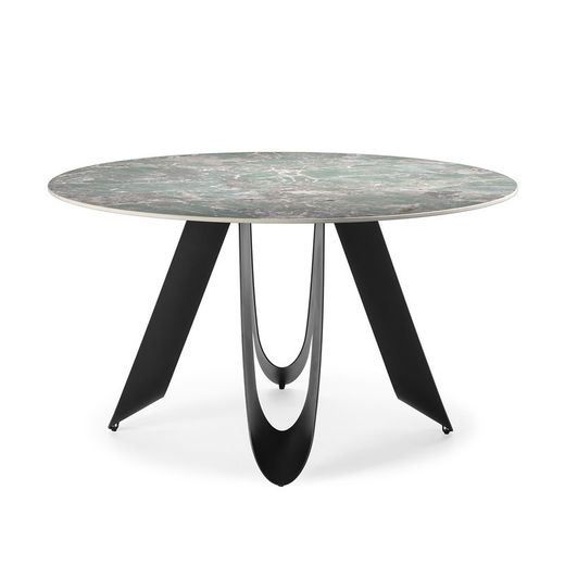 Tavolo da pranzo rotondo, 135 x 135 x 76 cm, in pietra sintetica e metallo verde | Collezione Aila
