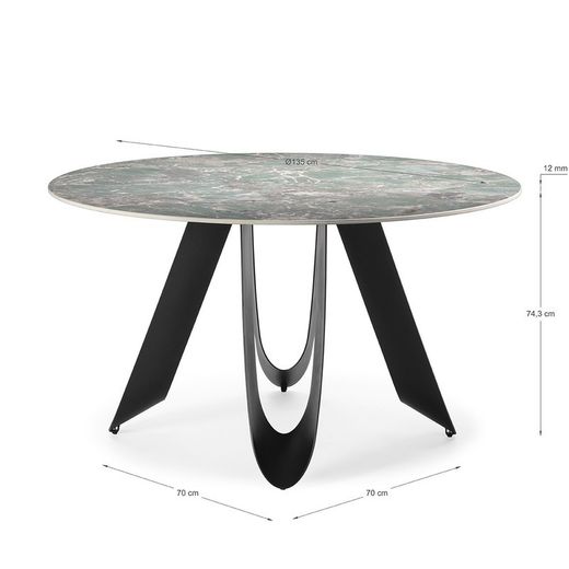Tavolo da pranzo rotondo, 135 x 135 x 76 cm, in pietra sintetica e metallo verde | Collezione Aila