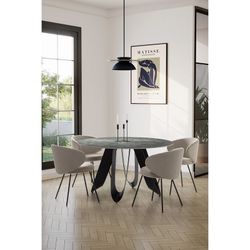 Tavolo da pranzo rotondo, 135 x 135 x 76 cm, in pietra sintetica e metallo verde | Collezione Aila