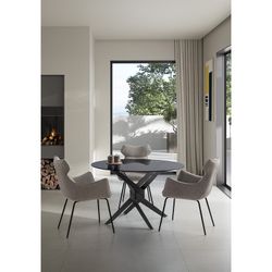 Tavolo da pranzo rotondo, 140 x 140 x 76 cm, in vetro temperato e metallo nero e grigio | Collezione Jenna