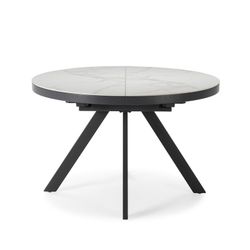 Mesa de comedor redonda extensible, 120-160 x 120 x 76 cm, de piedra sintetizada y DM en blanco y negro | Colección Bela
