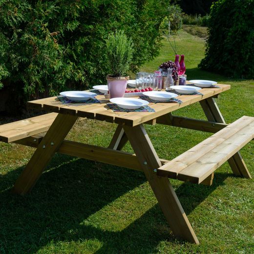 Mesa de Picnic en Madera Maciza Gardiun Essential 165x154x75 cm – Mesa de Jardín para 6 Personas con 2 Bancos, Madera de Pino Tratada en Autoclave, Espesor 20/25 mm