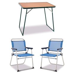 Pack tavolo e 2 sedie pieghevoli per campeggio e spiaggia, legno Durolac e Textilene