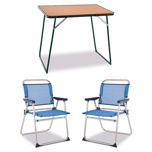 Pack table et 2 chaises pliantes pour camping et plage, bois Durolac et Textilene
