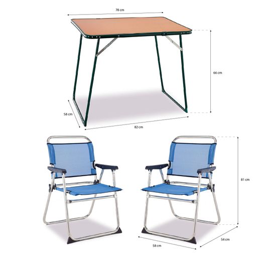 Pack table et 2 chaises pliantes pour camping et plage, bois Durolac et Textilene