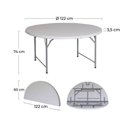 Mesa Redonda Plegable y Portátil Gardiun New Koln Ø122x74 cm en Resina Blanca con Asa y Sistema de Bloqueo – Ideal para Exterior y Espacios Pequeños