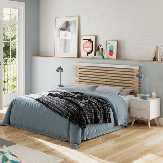 Comodino, 40 x 35 x 53 cm, in legno di pino bianco e naturale | Collezione Campus
