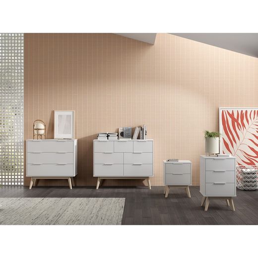 Comodino, 40 x 35 x 65,5 cm, in legno di pino bianco e naturale | Collezione Campus