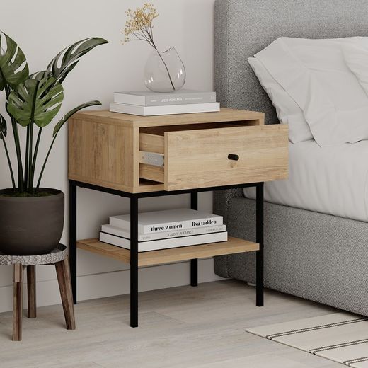 Comodino, 45 x 35 x 56,4 cm, in legno e metallo, colore rovere e nero | Collezione Lisa