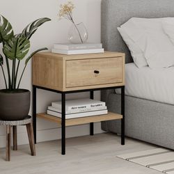 Comodino, 45 x 35 x 56,4 cm, in legno e metallo, colore rovere e nero | Collezione Lisa