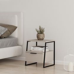 Comodino, 45 x 40 x 50 cm, in legno e metallo, colore crema e nero | Collezione Velia