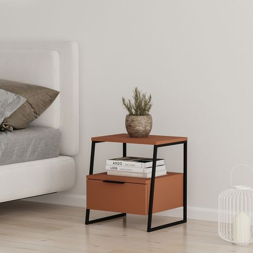 Mesita de noche, 45 x 40 x 50 cm, de madera y metal en terracota y negro | Colección Velia