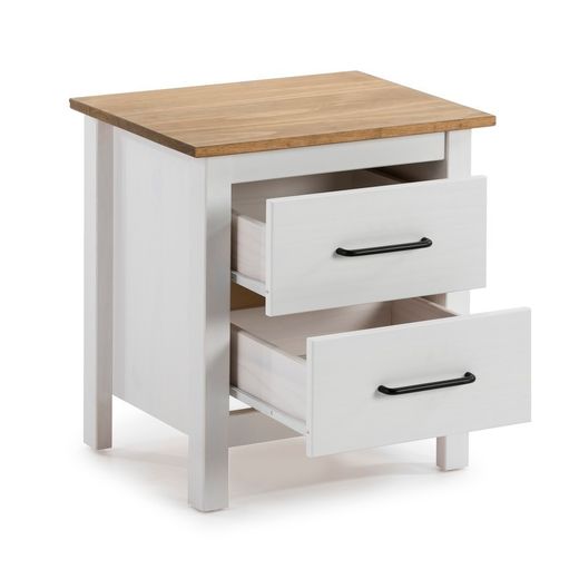 Comodino, 46 x 35 x 49,5 cm, in legno di pino bianco e naturale | Collezione Miranda