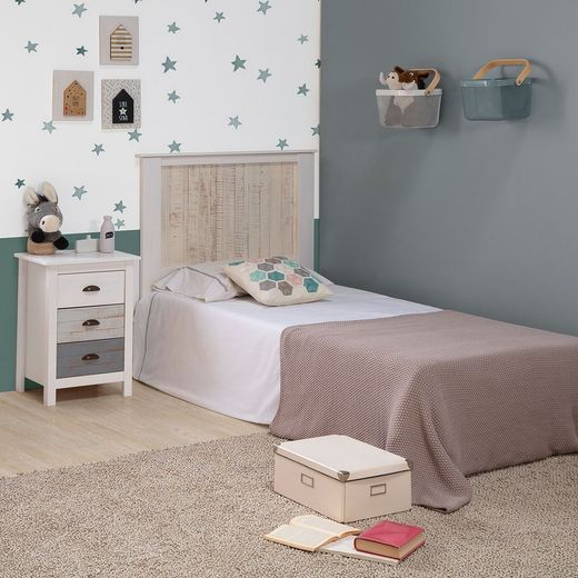 Comodino, 46 x 35 x 65 cm, in legno di pino bianco e grigio | Collezione Romantica